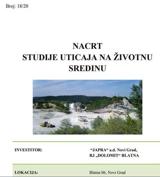 Javna rasprava o Nacrtu Studije uticaja na životnu sredinu za površinski kop dolomita „Blatna“